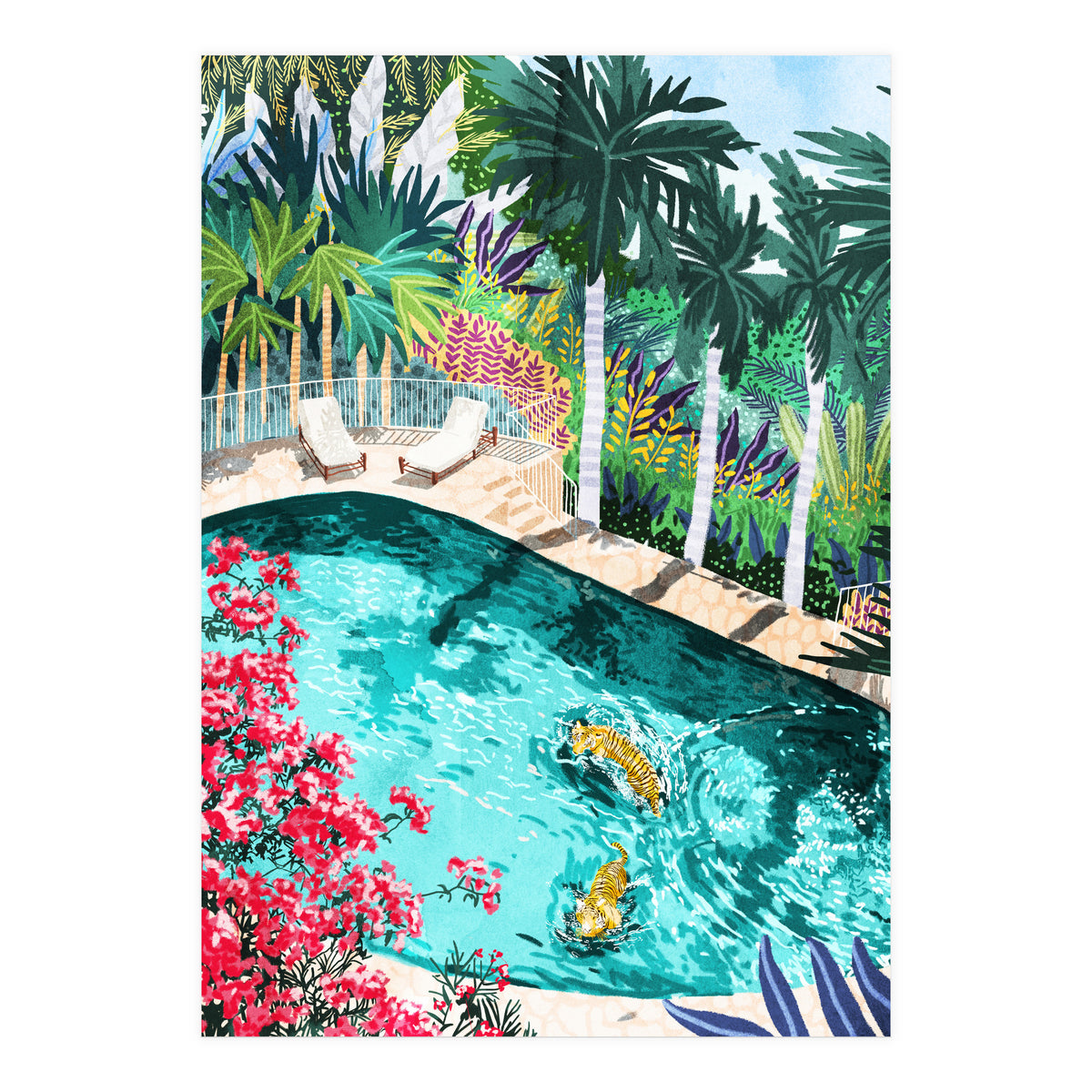 Luxury Tiger Villa illustration, Architecture Travel Nature Painting, Hotel Landscape Garden (Print Only)