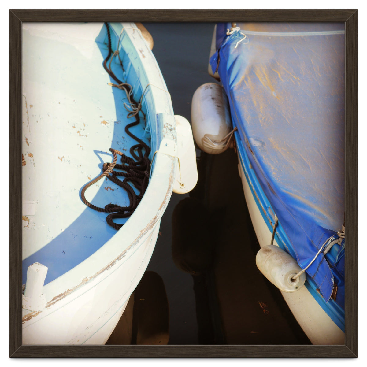 Blue and white wooden fishing boats