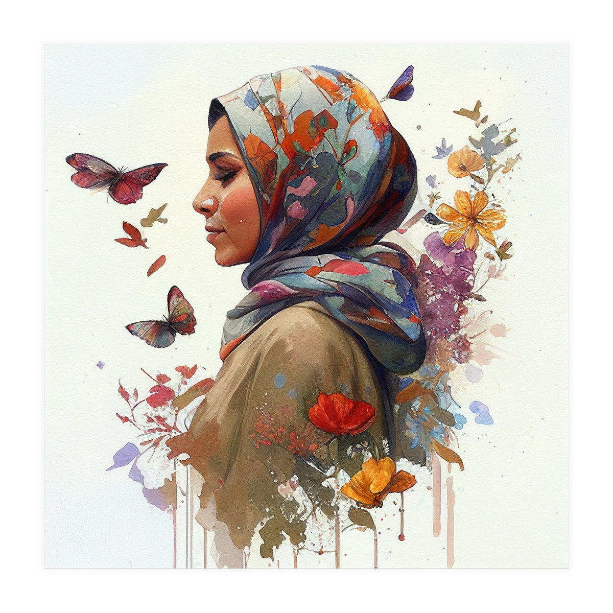 Watercolor Floral Muslim Woman #2 (Print Only)