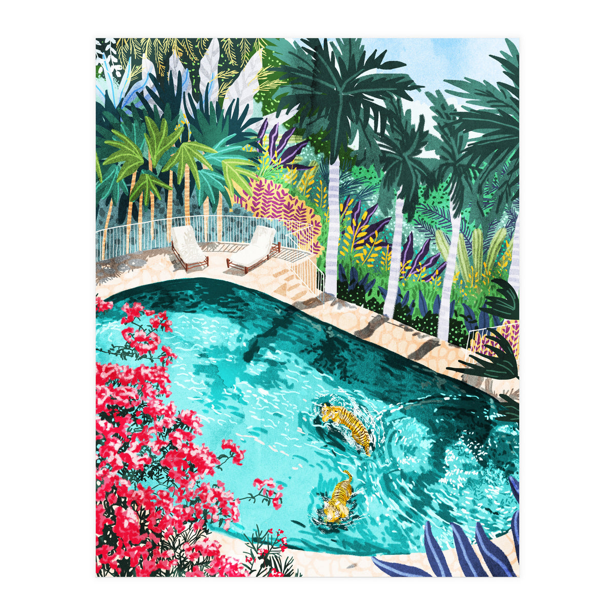 Luxury Tiger Villa illustration, Architecture Travel Nature Painting, Hotel Landscape Garden (Print Only)