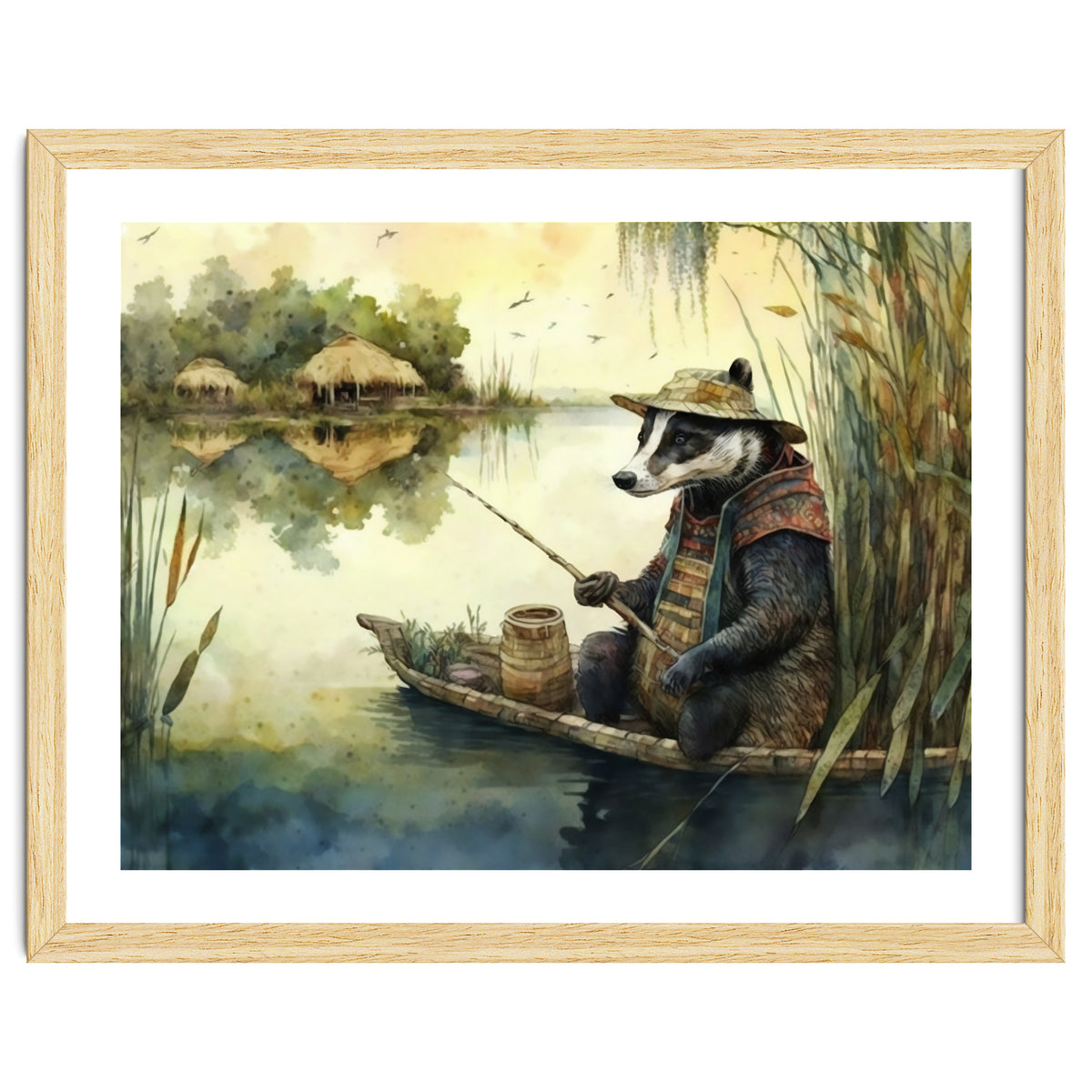 Badger Fishing Watercolor Painting