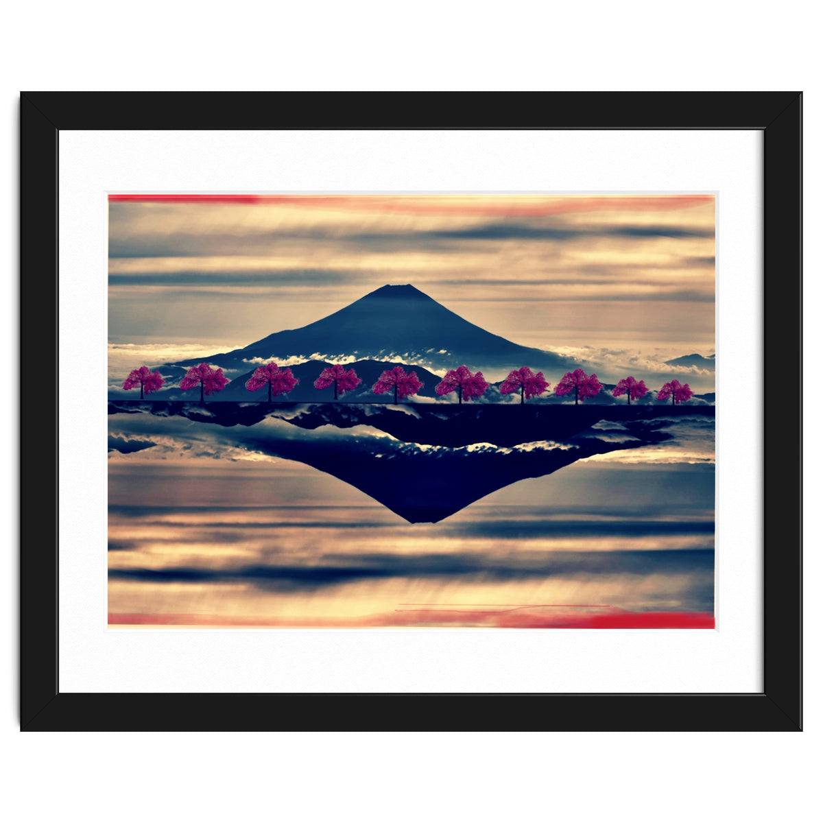 Reflection on Mount Fuji with cherry trees.