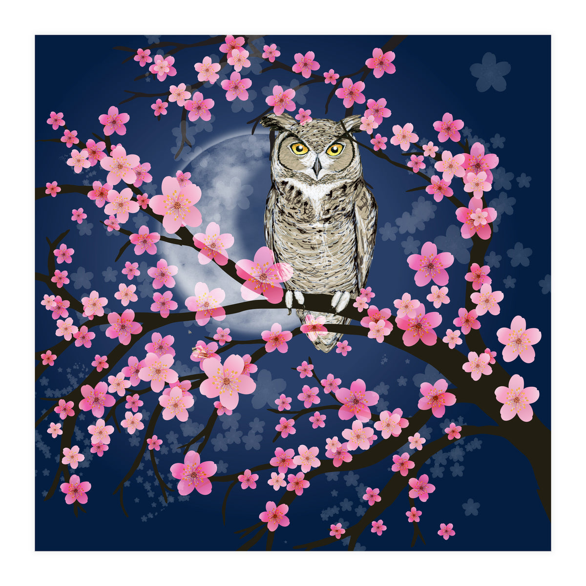 Great horned owl in a blossom tree (Print Only)