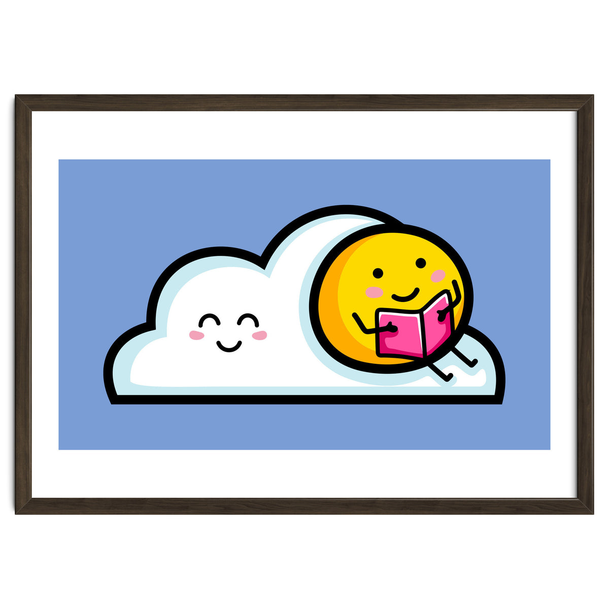Kawaii Cute Sun Reading A Book On A Cloud