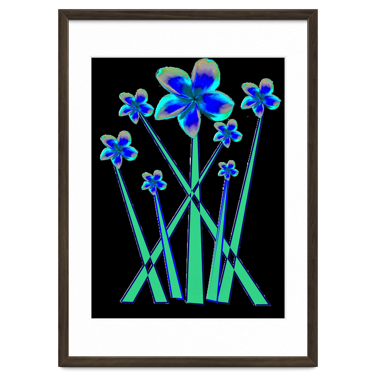 Blue flowers on black.