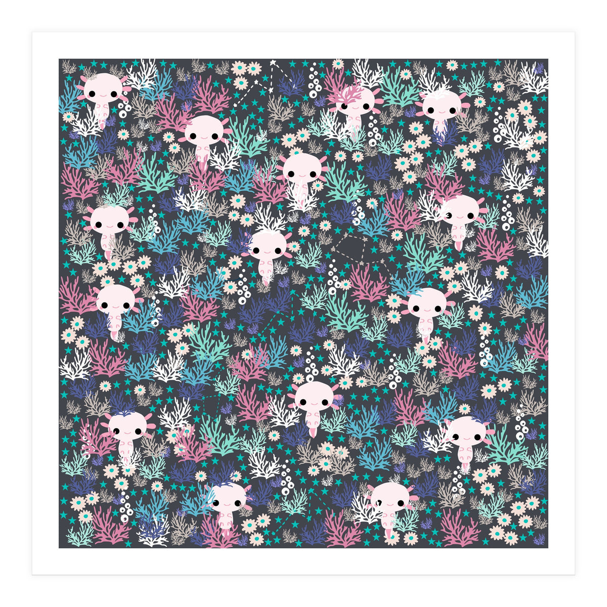 Cute underwater axolotl pattern with coral (Print Only)