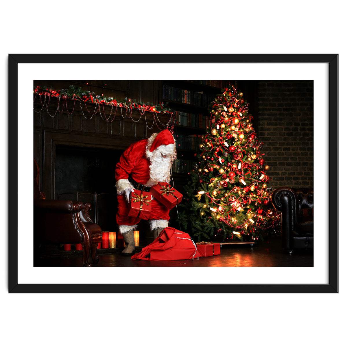 Santa Claus put his Christmas gift under the Xmas tree at midnight