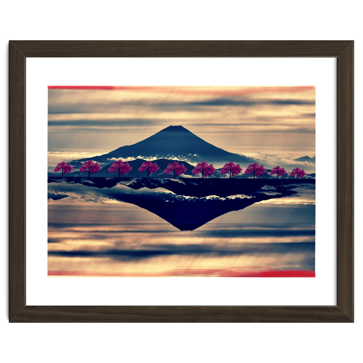 Reflection on Mount Fuji with cherry trees.