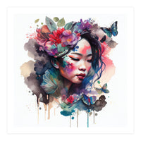 Watercolor Floral Asian Woman #10 (Print Only)