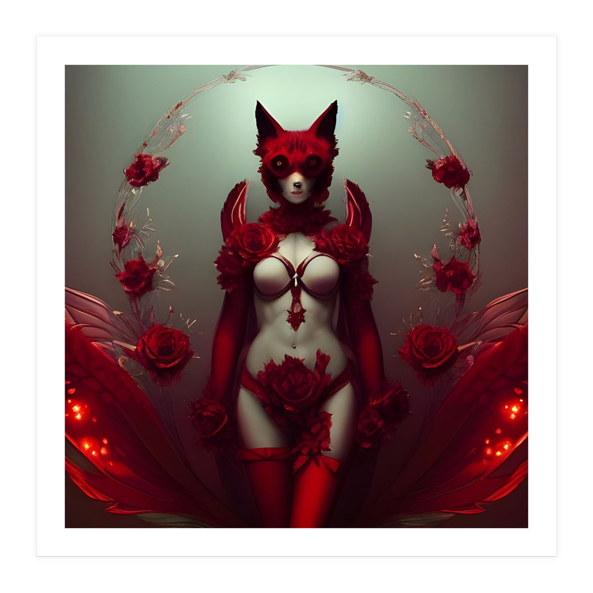 Red Floral Fox Vixen in Lingerie with Roses (Print Only)