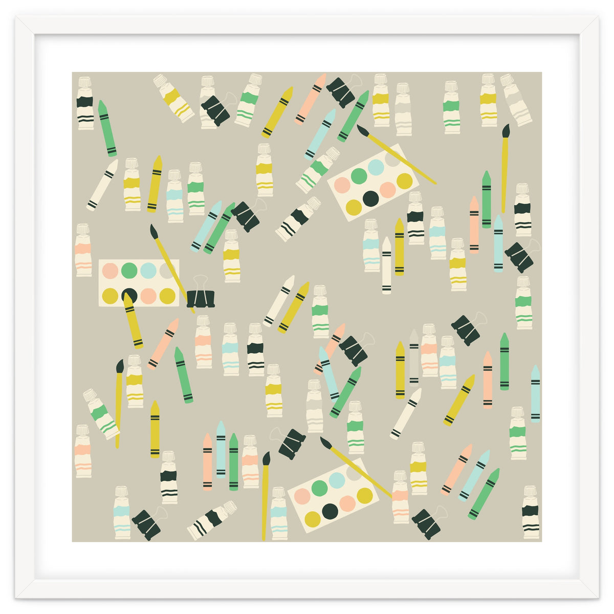 Artist pattern with crayons, watercolors and acrylic paint