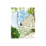 Black cat on the steps Poster, Greece Santorini summer travel pet painting (Print Only) thumbnail