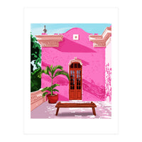 Pink Building Architecture | Pop Art Travel House Painting | Modern Bohemian Décor Spain Palace (Print Only)