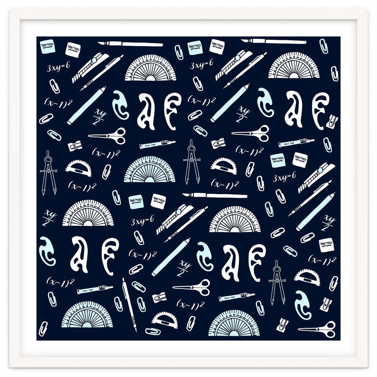 Mathematics and Geometry Pattern with protractors, mechanical pencils and erasers