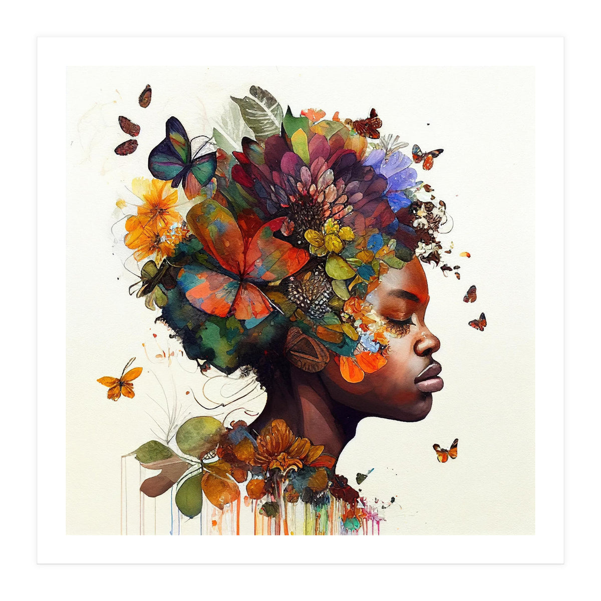 Watercolor Butterfly African Woman #5 (Print Only)