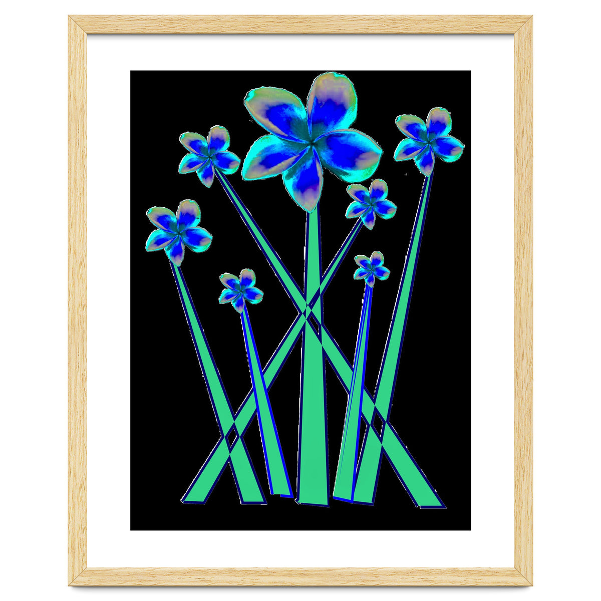 Blue flowers on black.