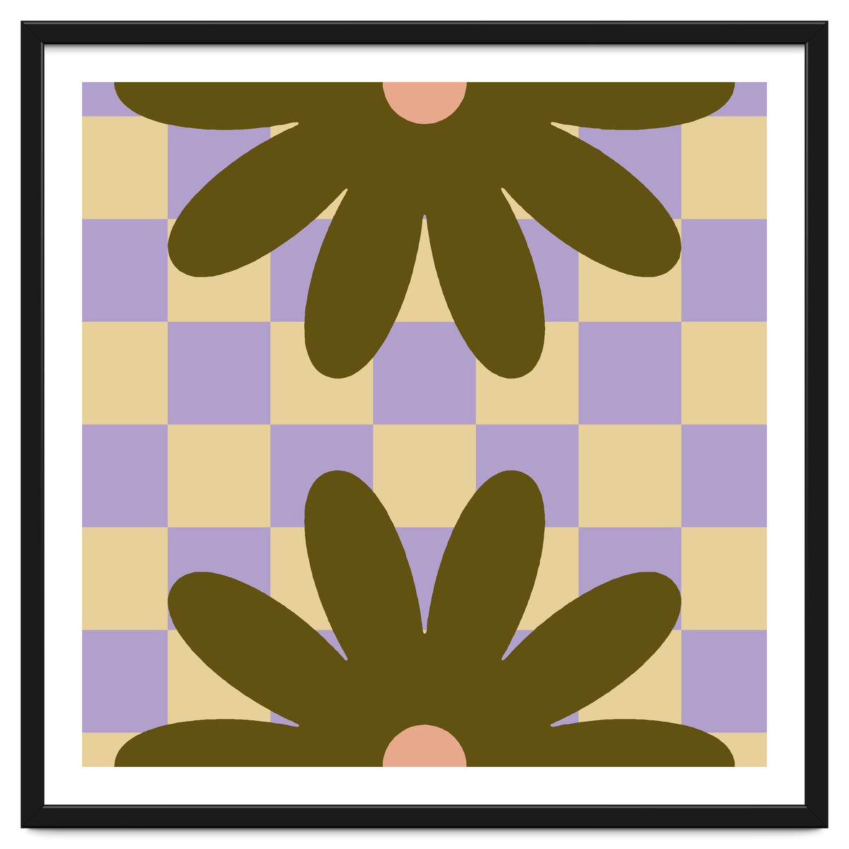 Retro Geometric Simple Flower on Checkerboard