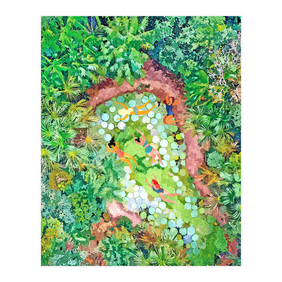 Tropical Vacay | Rainforest Jungle Botanical Lush Nature | Summer Lake People Swim | Boho Painting (Print Only)