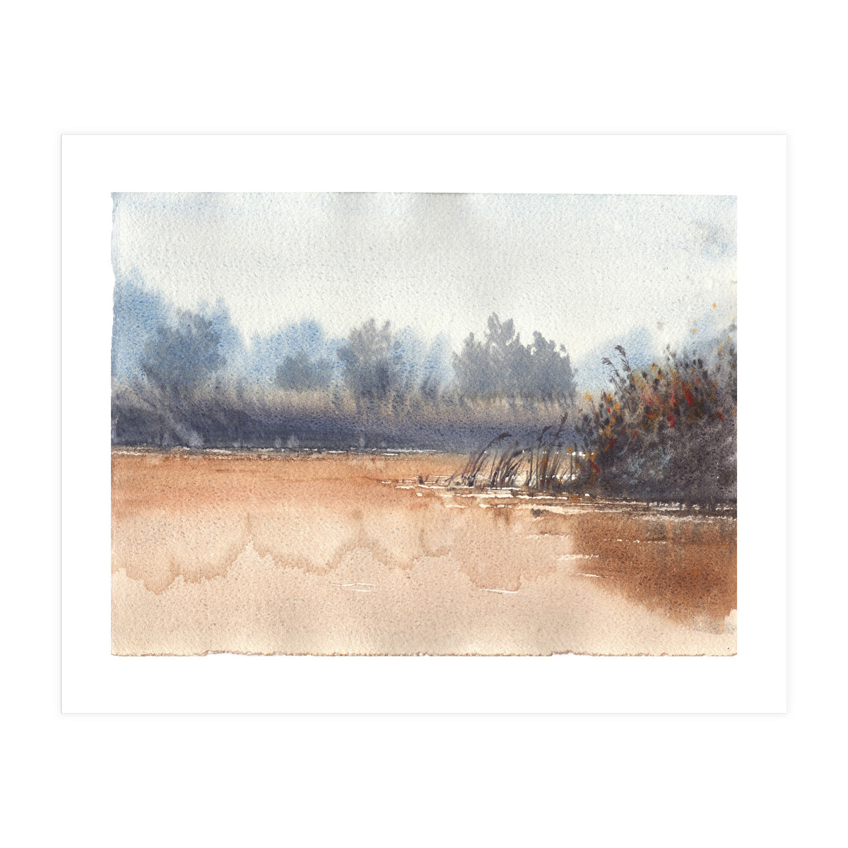 Landscape painting watercolor. Foggy (Print Only)