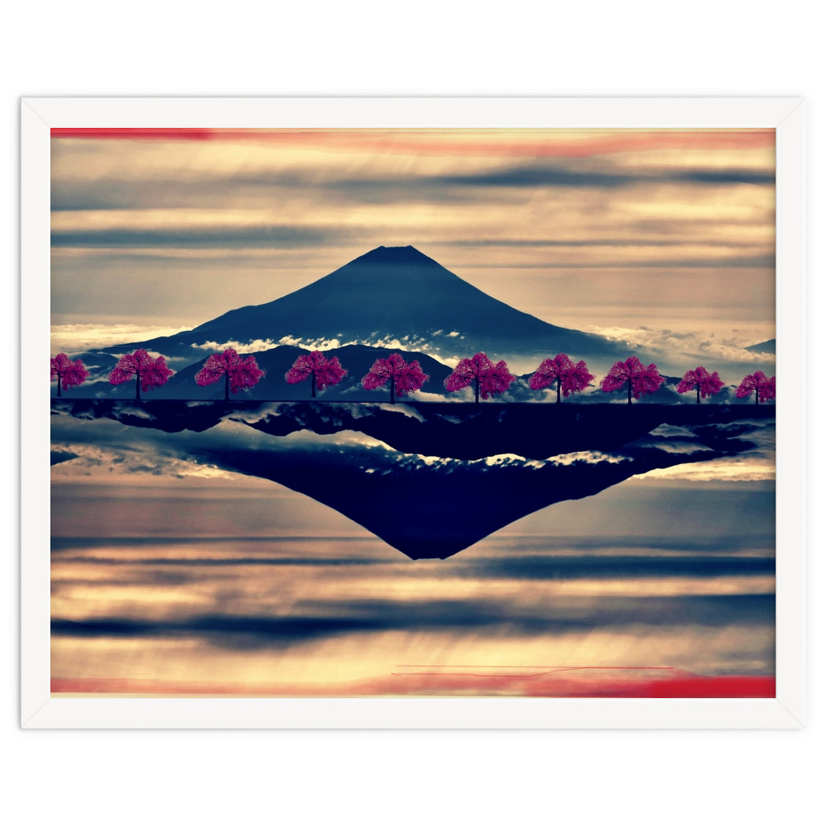 Reflection on Mount Fuji with cherry trees.