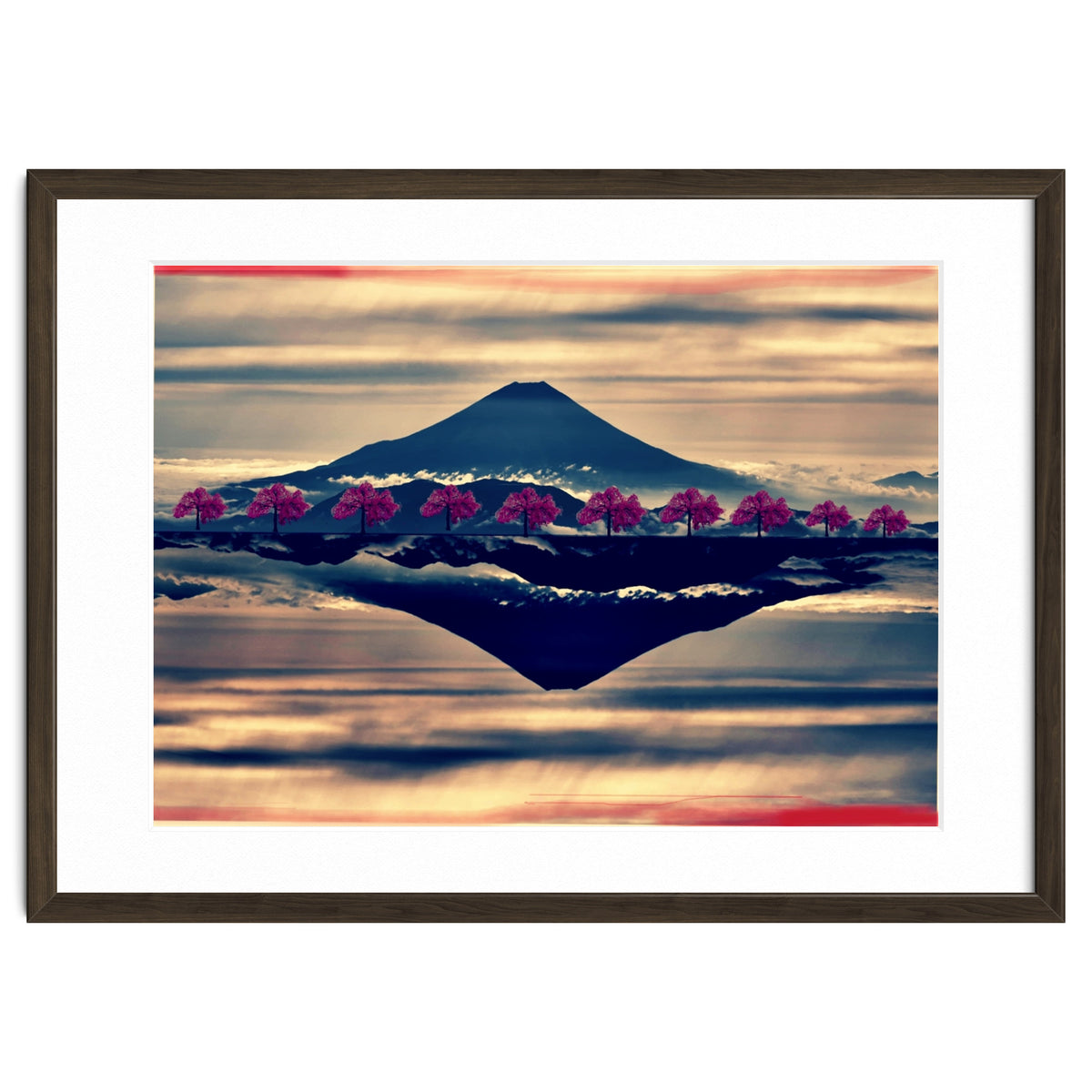 Reflection on Mount Fuji with cherry trees.