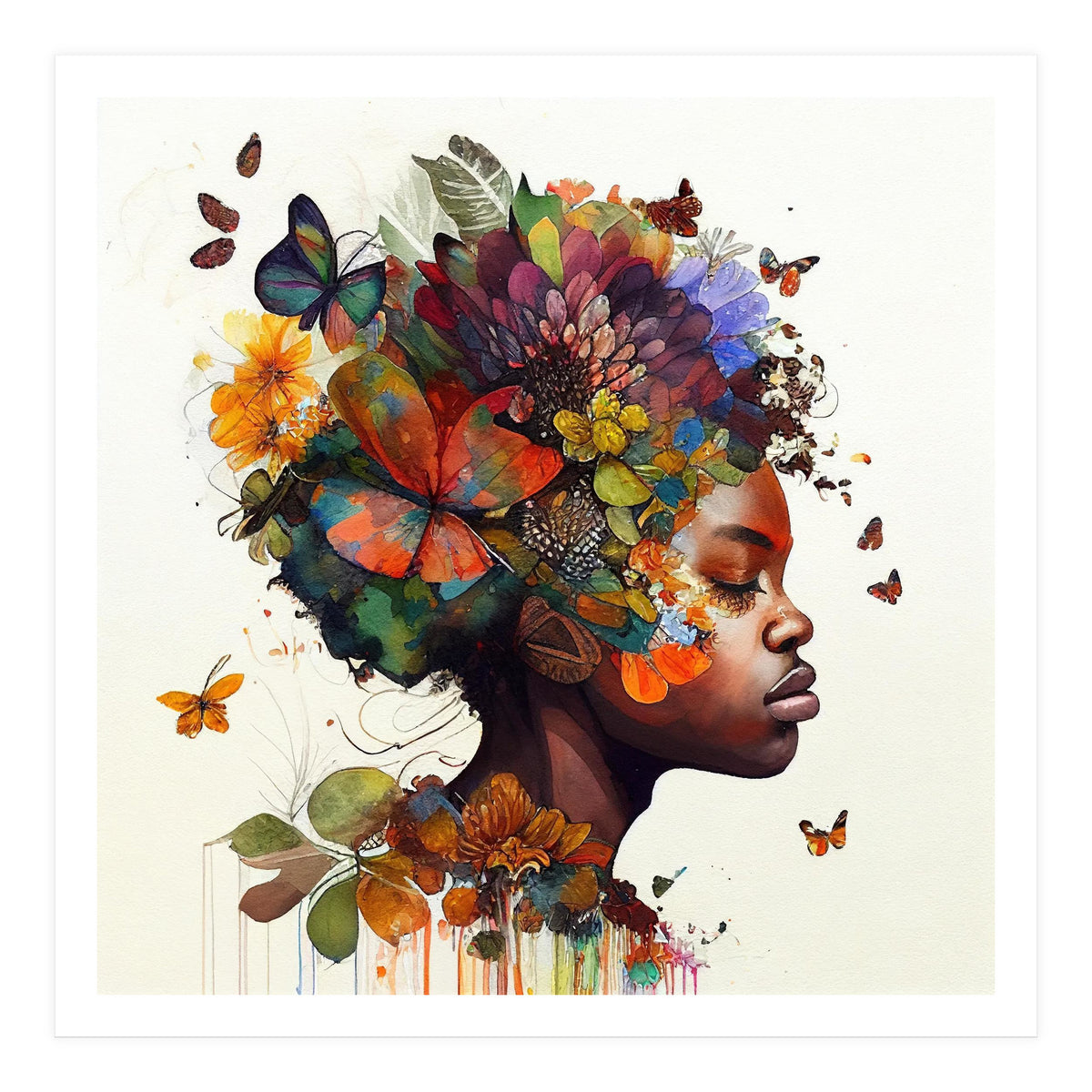 Watercolor Butterfly African Woman #5 (Print Only)