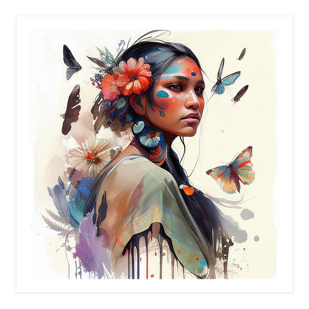 Watercolor Floral Indian Native Woman #3 (Print Only)