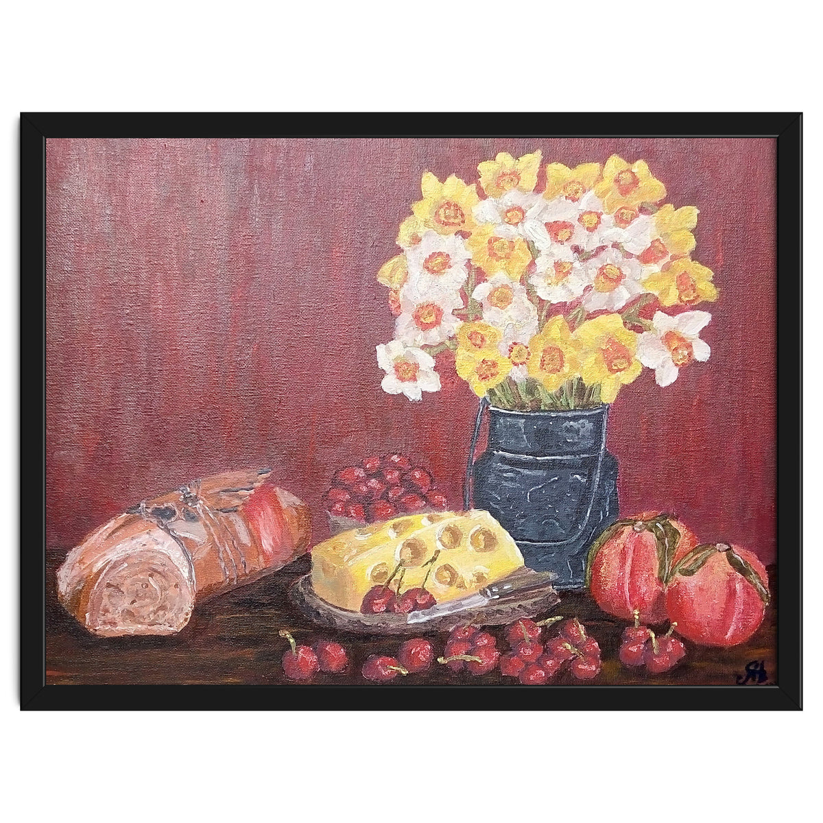 Still life with cheese, daffodils on a red background.