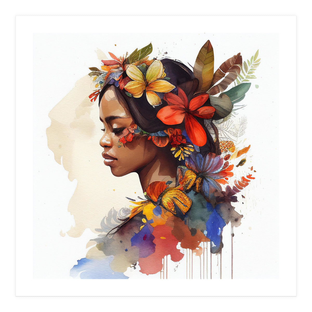 Watercolor Floral Indonesian Native Woman #4 (Print Only)