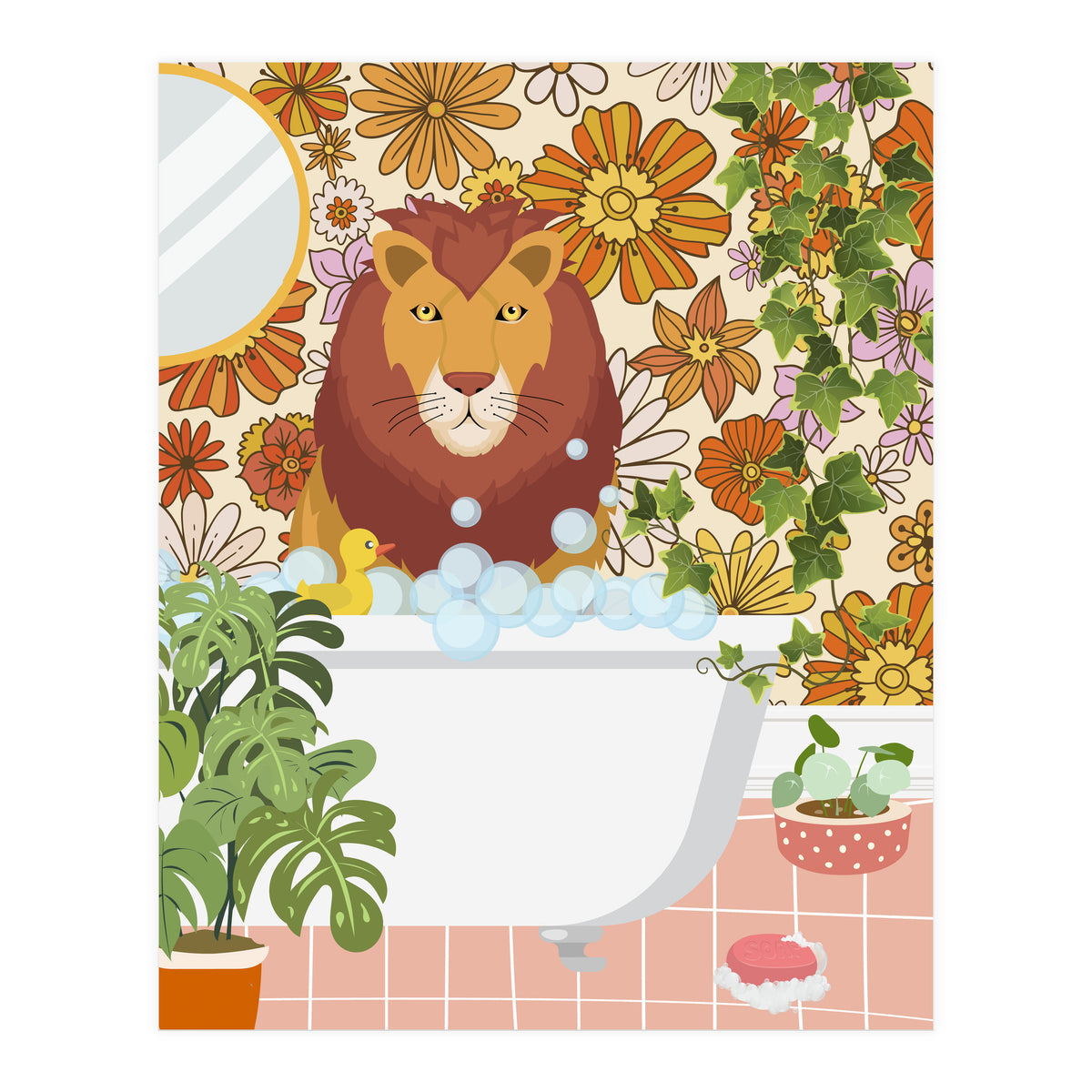 Lion Bathing on Groovy Bathroom (Print Only)