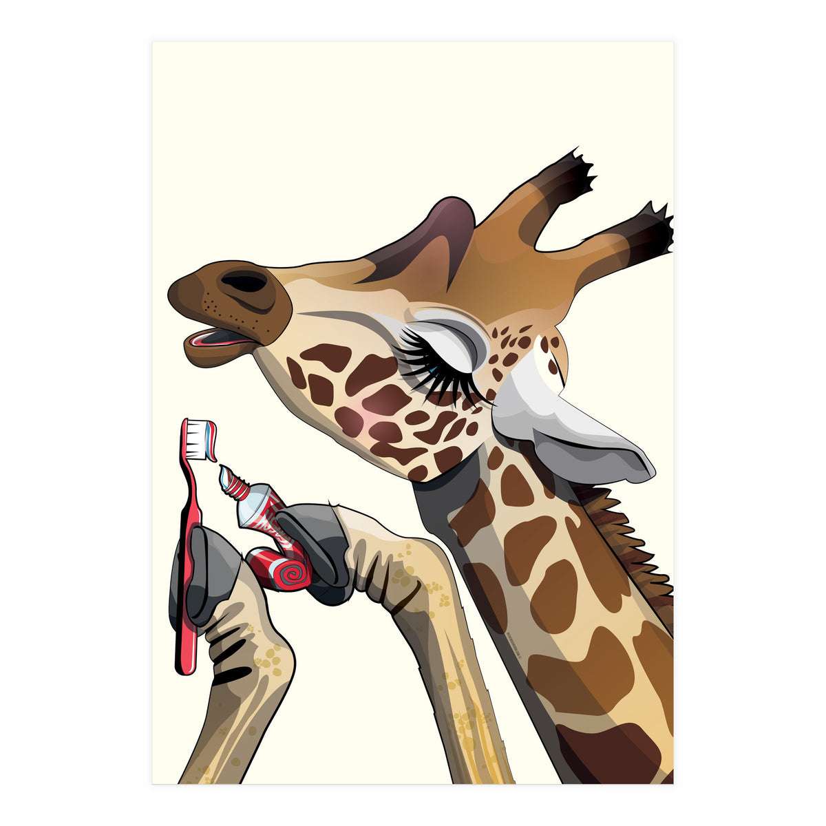 Giraffe Brushing Teeth, Funny Bathroom Humour (Print Only)