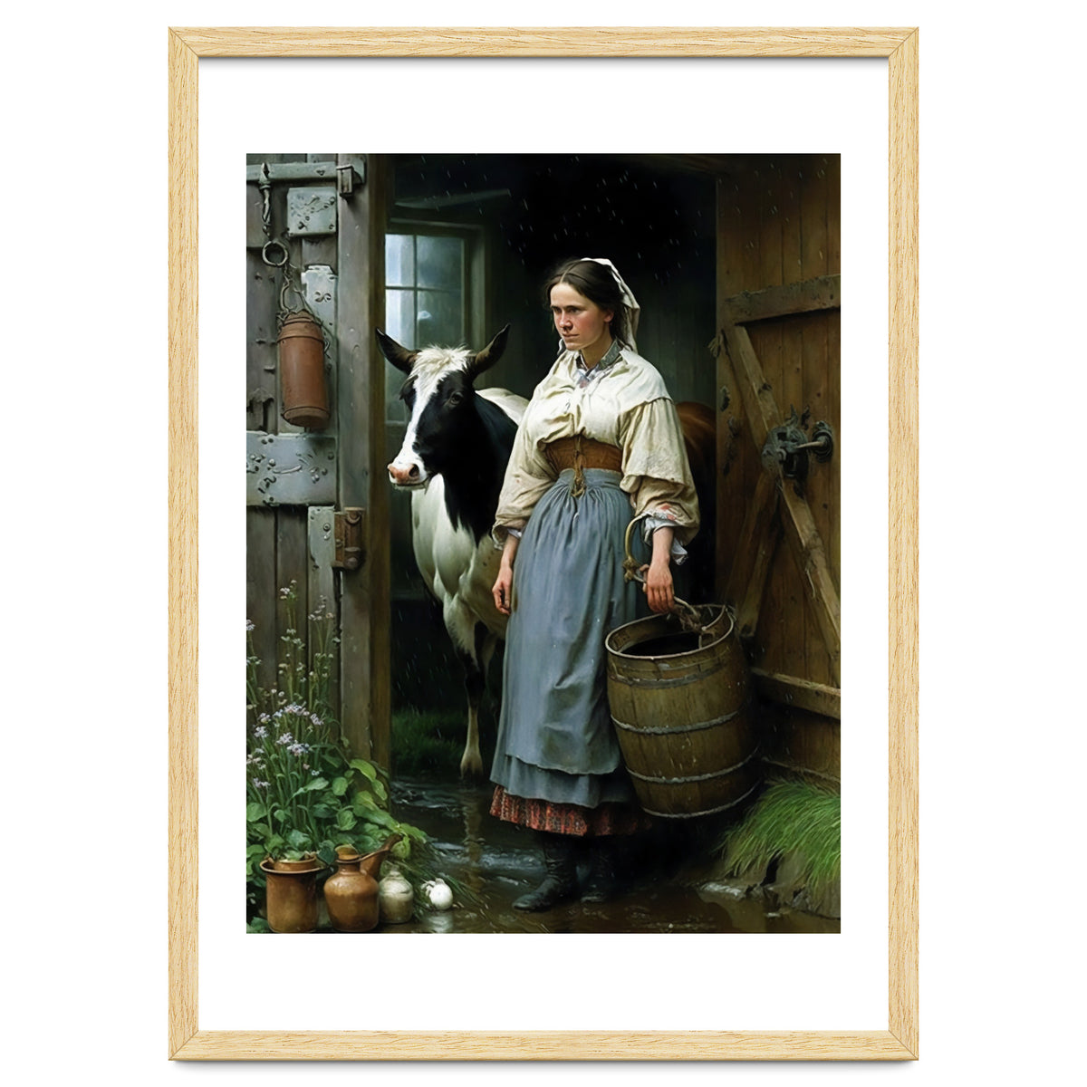 Farm Girl and Cow in Barn Oil Painting