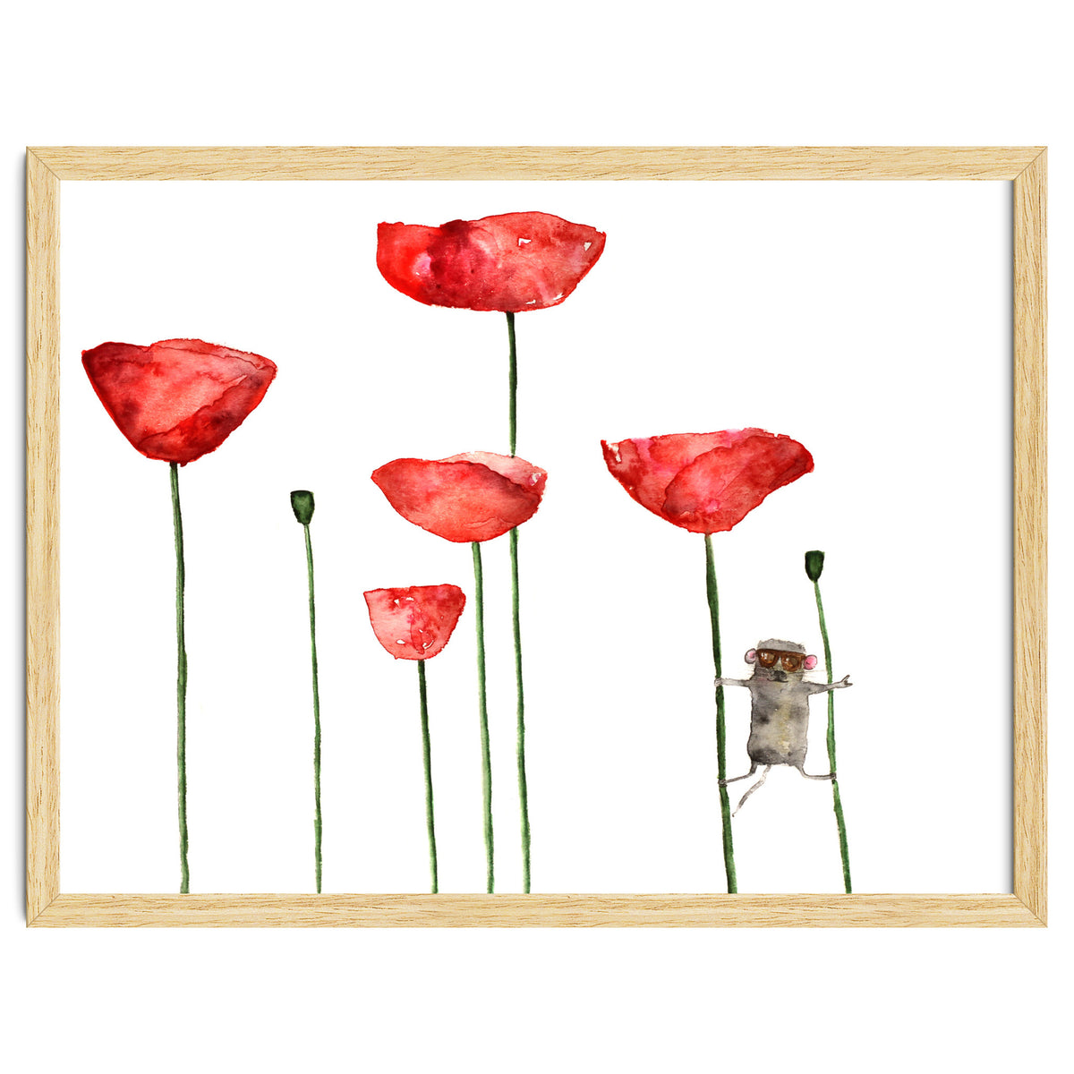 Little mouse loves big poppies || watercolor for nursery