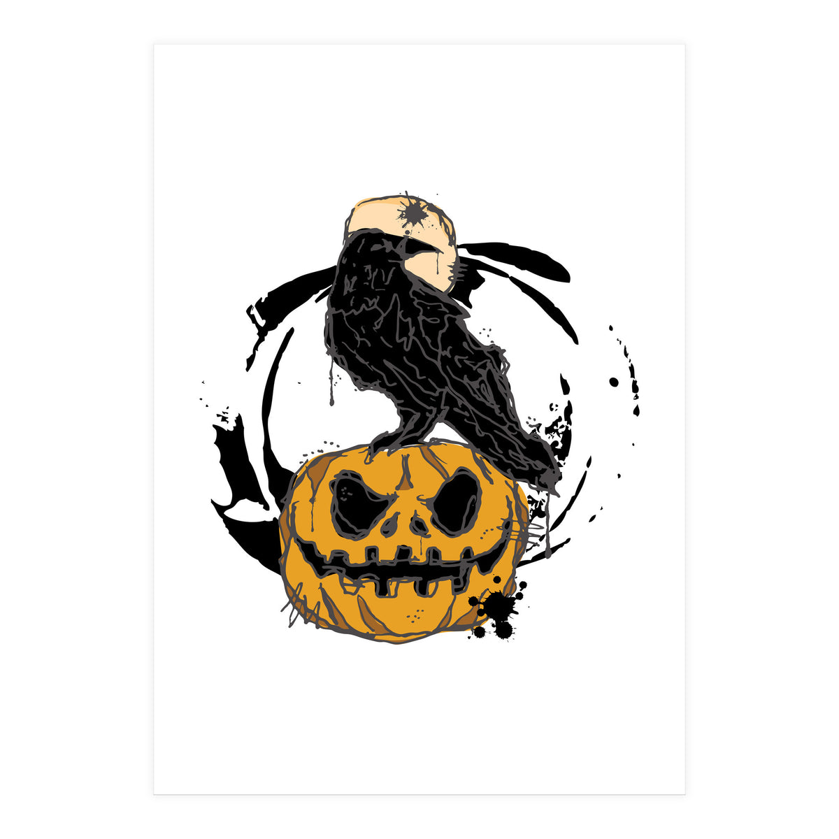 Raven over a pumpkin scribble sketch (Print Only)