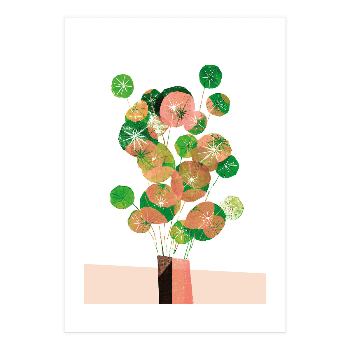 Pilea In Green And Coral (Print Only)