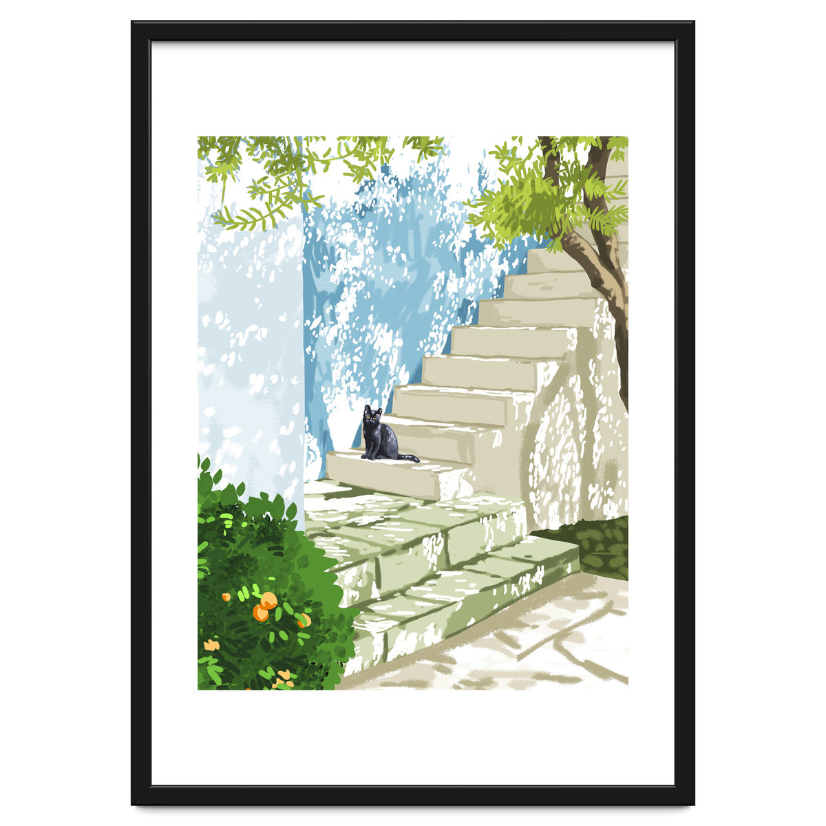 Black cat on the steps Poster, Greece Santorini summer travel pet painting