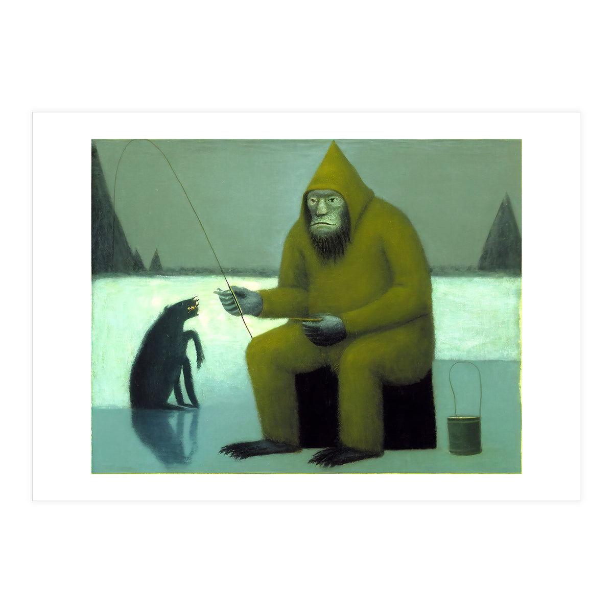 Yeti Ice Fishing With His Dog (Print Only)