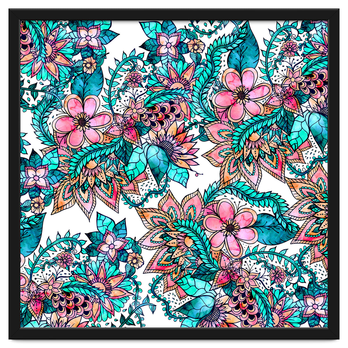 Boho turquoise pink floral watercolor illustration