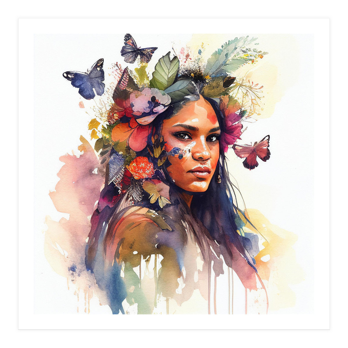Watercolor Floral Indian Native Woman #5 (Print Only)