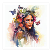 Watercolor Floral Indian Native Woman #5 (Print Only)