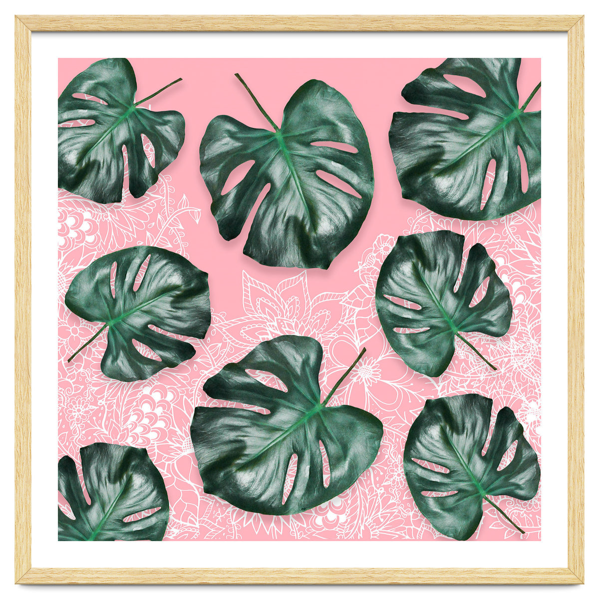 Modern 3d green tropical monstera leaf photo on blush pink white floral illustration