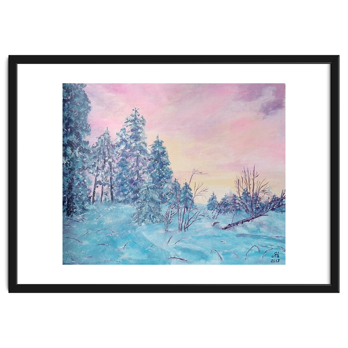 Pink sunrise in the winter forest