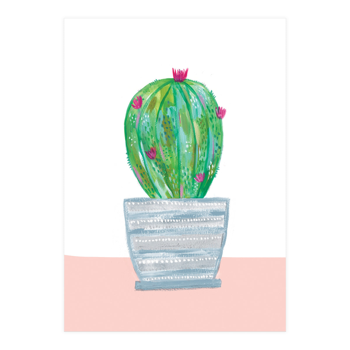 Painted Cactus In Blue Stripe Plant Pot (Print Only)