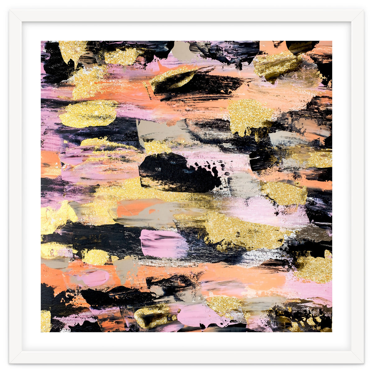 Modern Abstract Black Pink Salmon Gold Acrylic Brushstrokes Paint