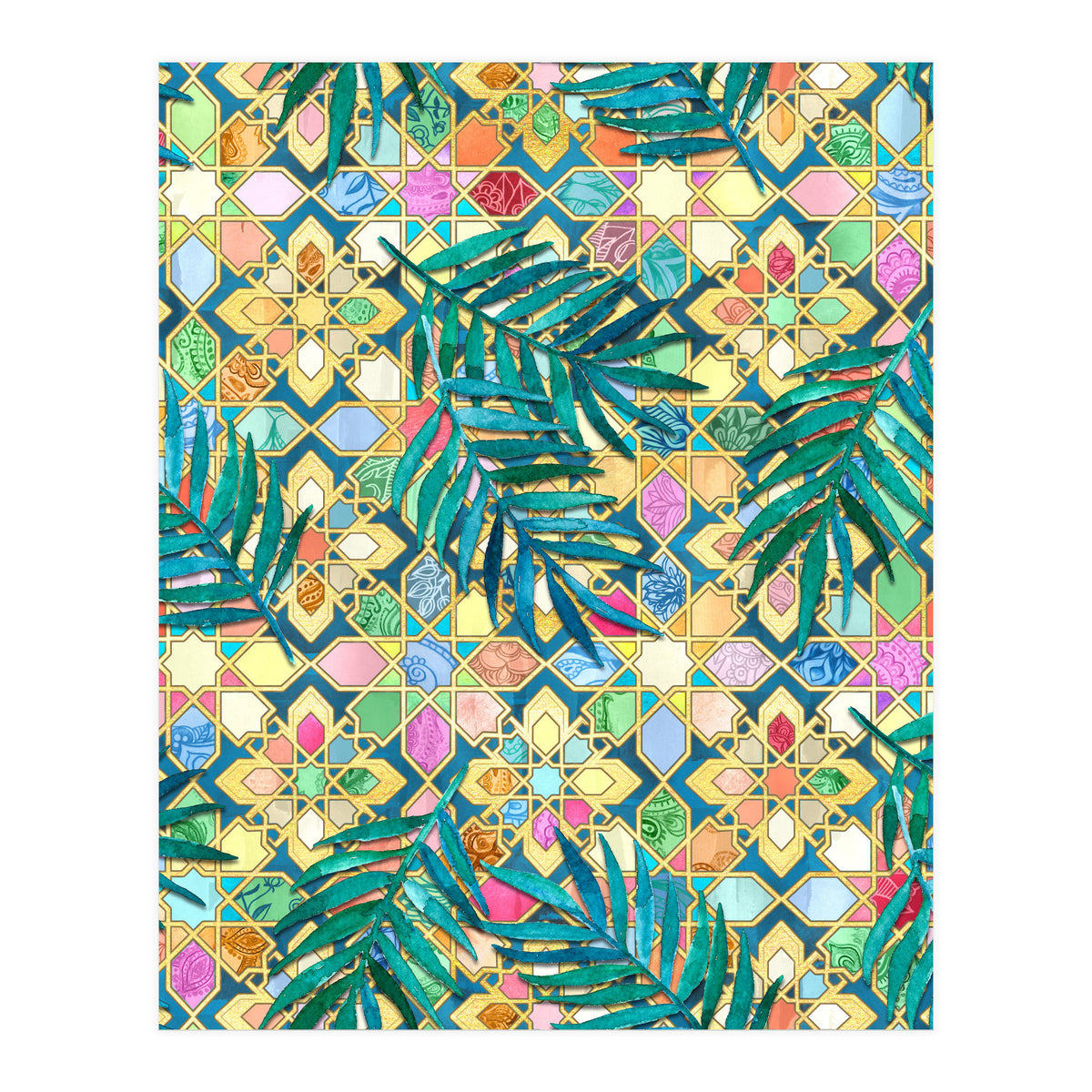 Gilded Moroccan Mosaic Tiles with Palm Leaves  (Print Only)