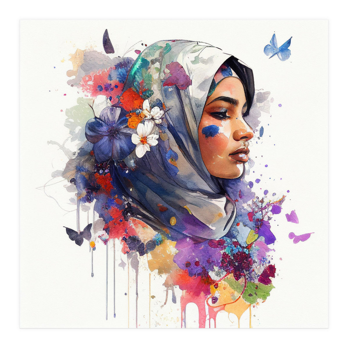 Watercolor Floral Muslim Arabian Woman #5 (Print Only)