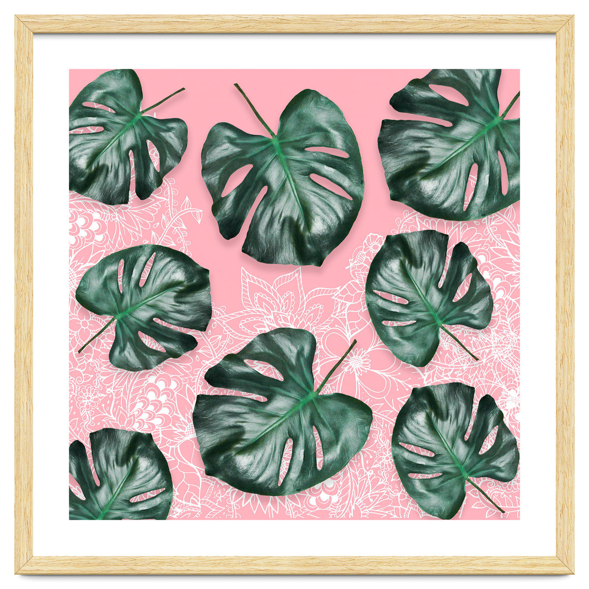 Modern 3d green tropical monstera leaf photo on blush pink white floral illustration