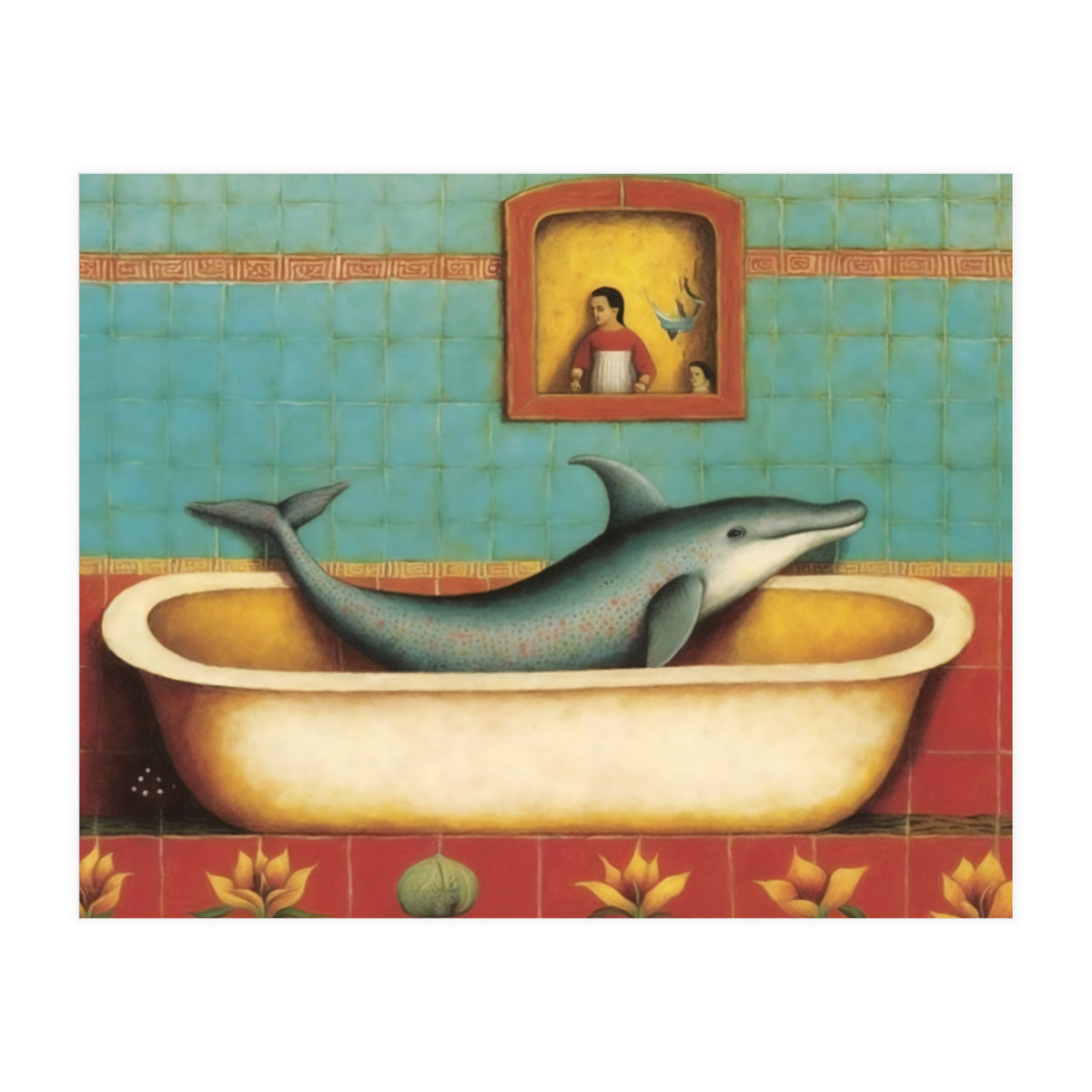 Dolphin In A Bath Folk Art (Print Only)