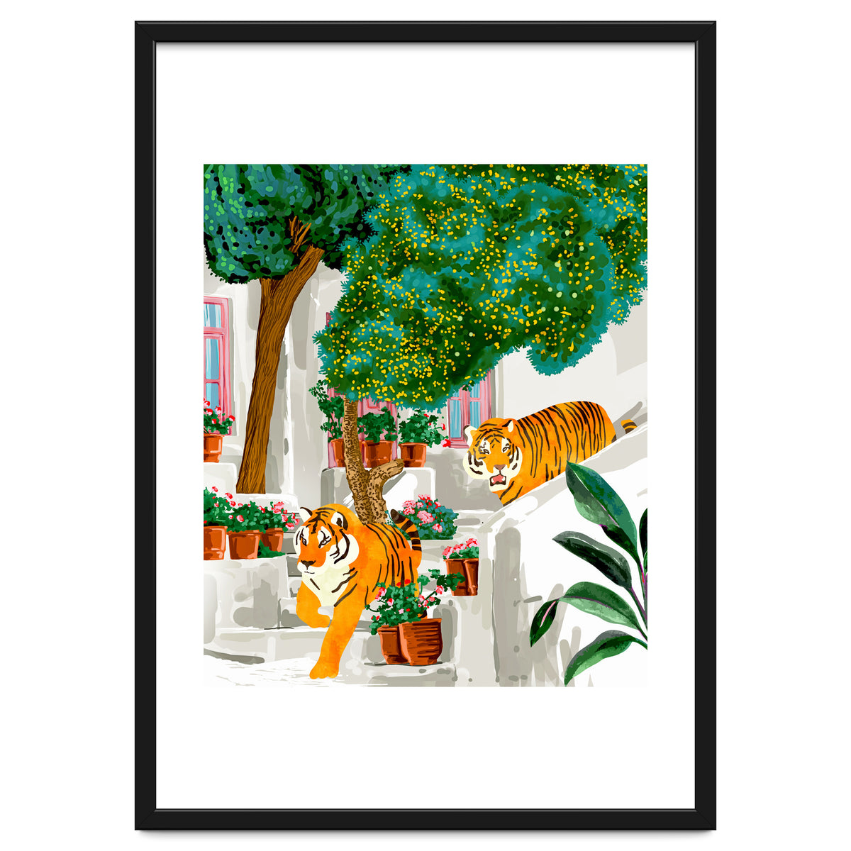Tigers in Greece | Santorini Travel Architecture, Wildlife Animal Painting | Watercolor Illustration