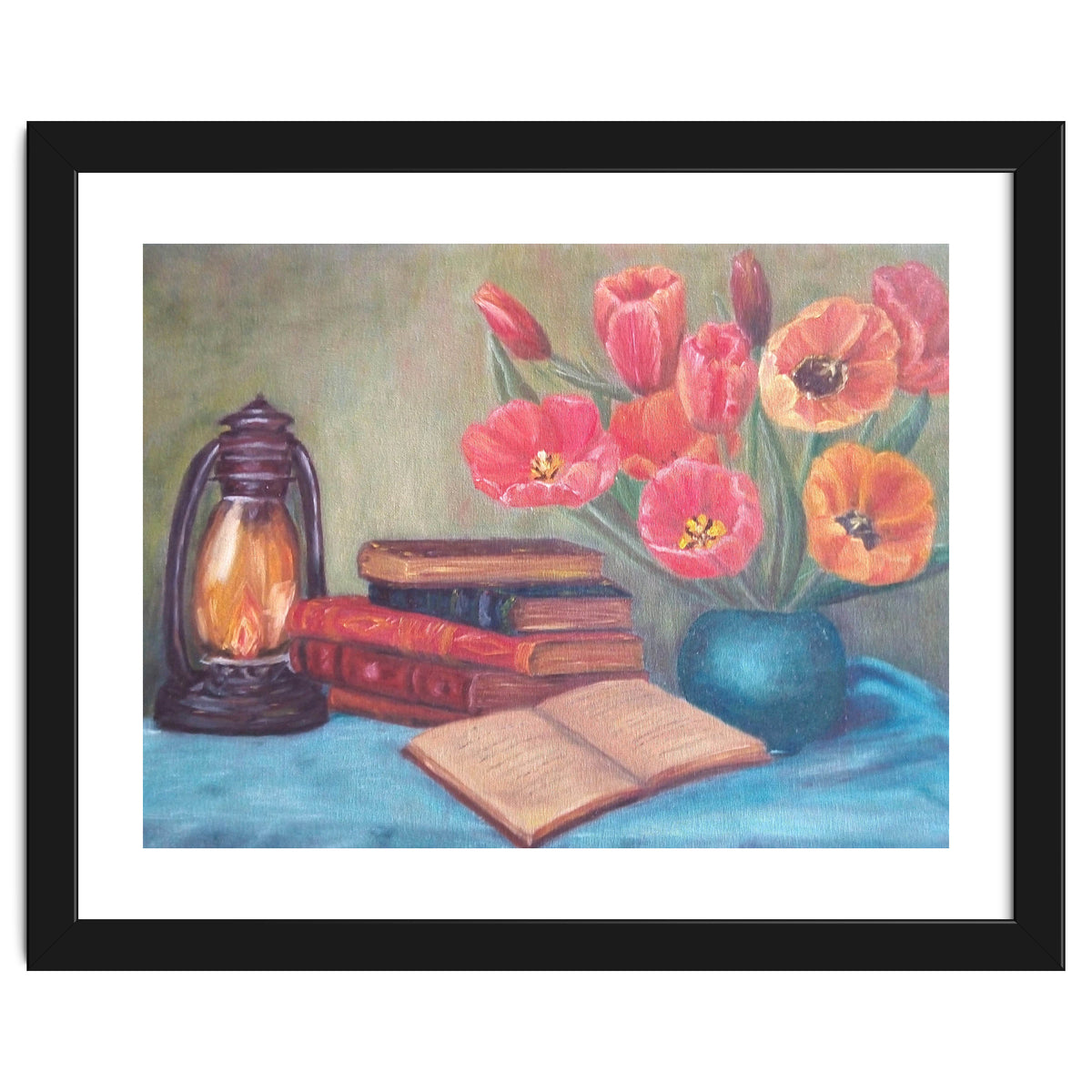 Still life with tulips, books and an old lamp.